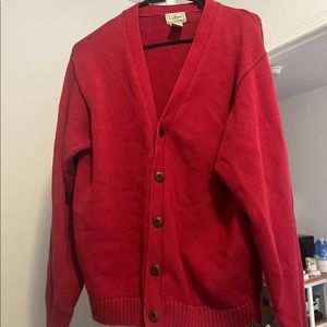 red LL Bean oversized cardigan